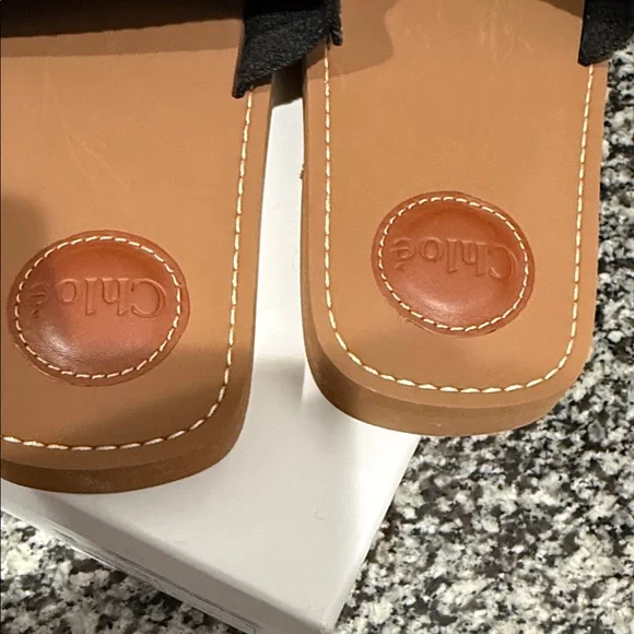 Chloé Black Canvas Logo Slide Sandals with Tan Footbed - Picture 5 of 8
